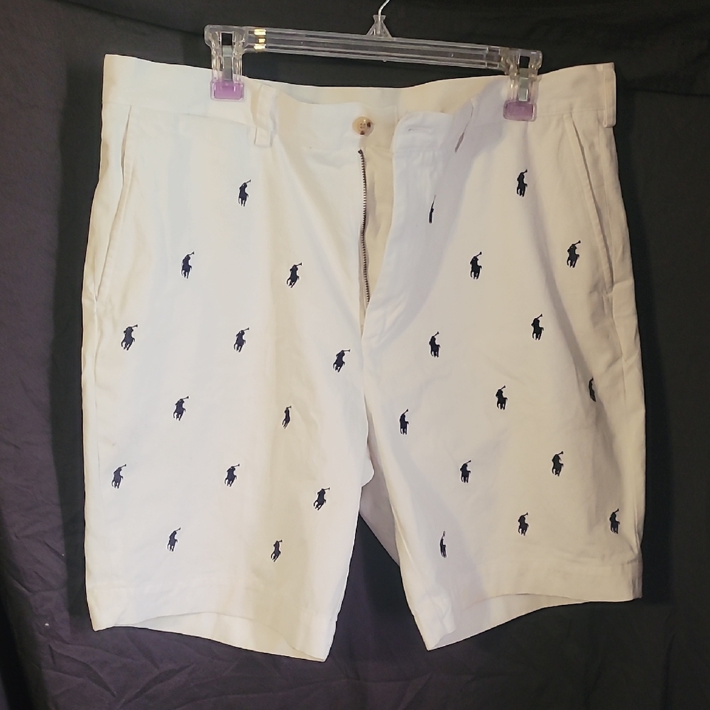 Polo by Ralph Lauren White Flat-Front Shorts with Navy Polo Embroidery